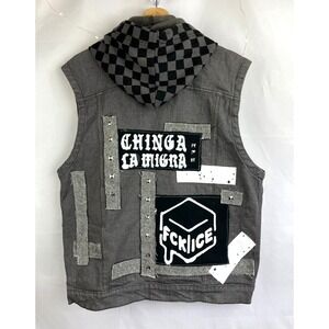 DIY Punk Denim Vest XL FCK ICE Patch Studs Crust Punk Battle Jacket Grunge
